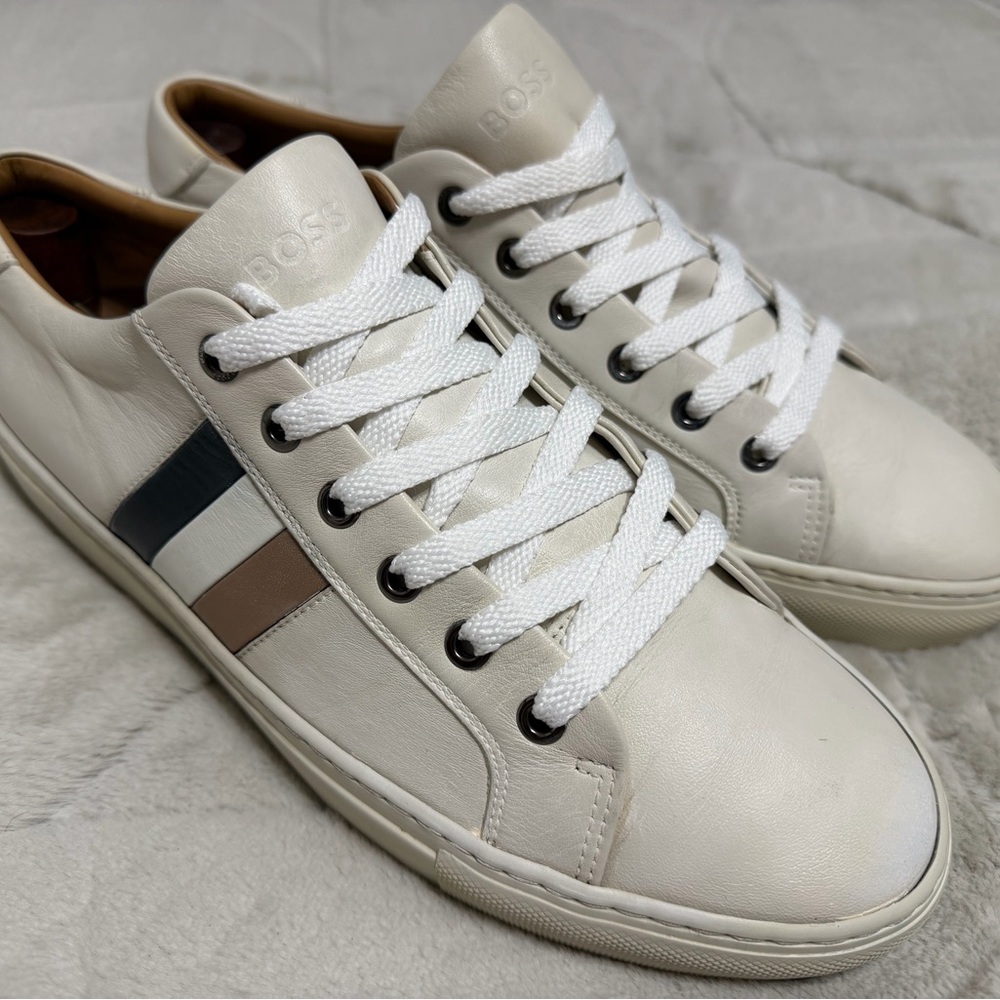 $209 Hugo Boss BOSS Italy Signature Stripe White Leather Sneakers Tennis 42 9